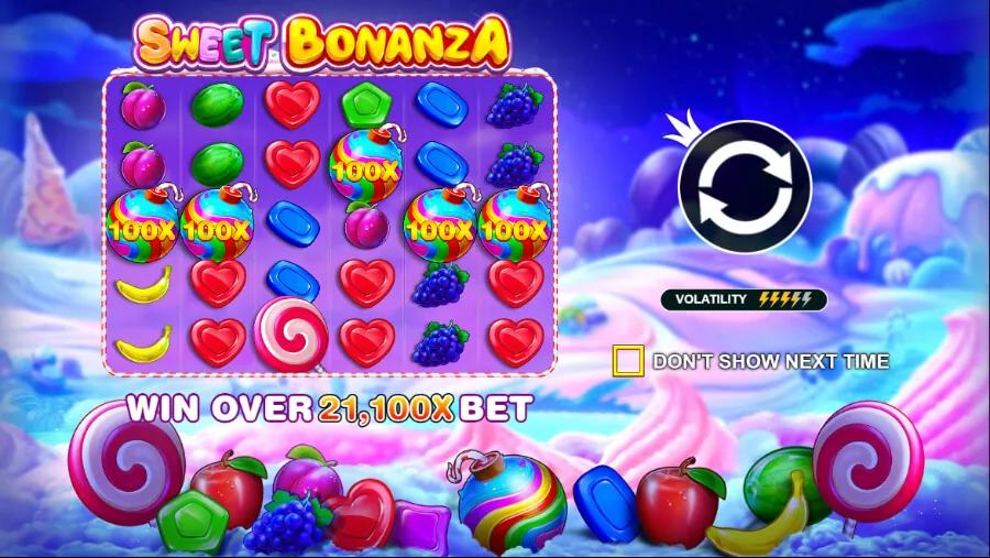 Funkcja bomb mnożnikowych Sweet Bonanza pokazująca tęczowe bomby cukierkowe z różnymi wartościami mnożników